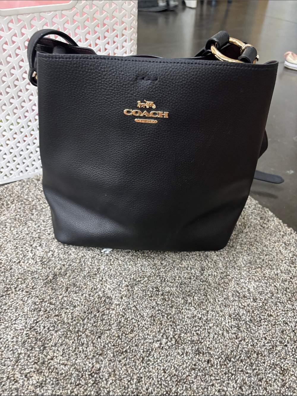 Coach Black Pebbled Leather Shoulder Bucket Bag with Gold Logo